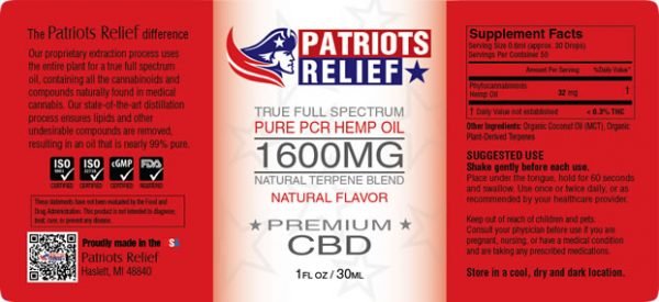 Patriots Relief 1600 True Full Spectrum CBD Label