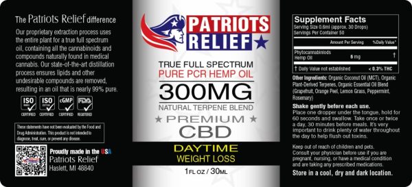 Daytime Weight Loss Formula DWL - Full Spectrum - Patriots Relief CBD, America's Best CBD Brand