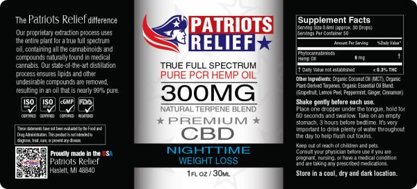 Patriots Relief Nighttime Weight Loss Formula CBD Label - America First CBD Brand.