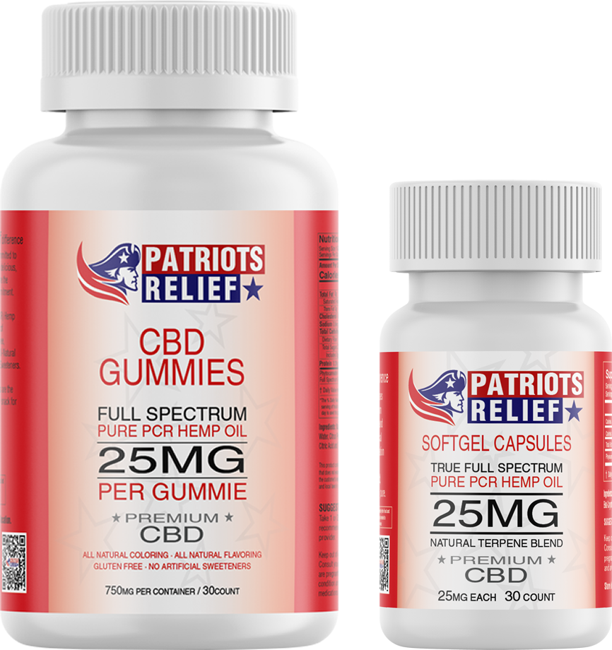 25mg Gummies -25mg Softgels - Full Spectrum - Patriots Relief CBD, America's Best CBD Company
