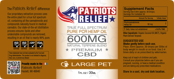 600mg Full Spectrum Pet Formula - Patriots Relief CBD, America's Best CBD Company