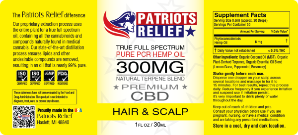 Hair and Scalp Formula 800mg Full Spectrum Pet Formula - Patriots Relief CBD, America's Best CBD Company