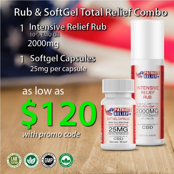 Rub Combo with 25mg Softgel Capsules - Full Spectrum - Patriots Relief CBD, America's Best CBD Company