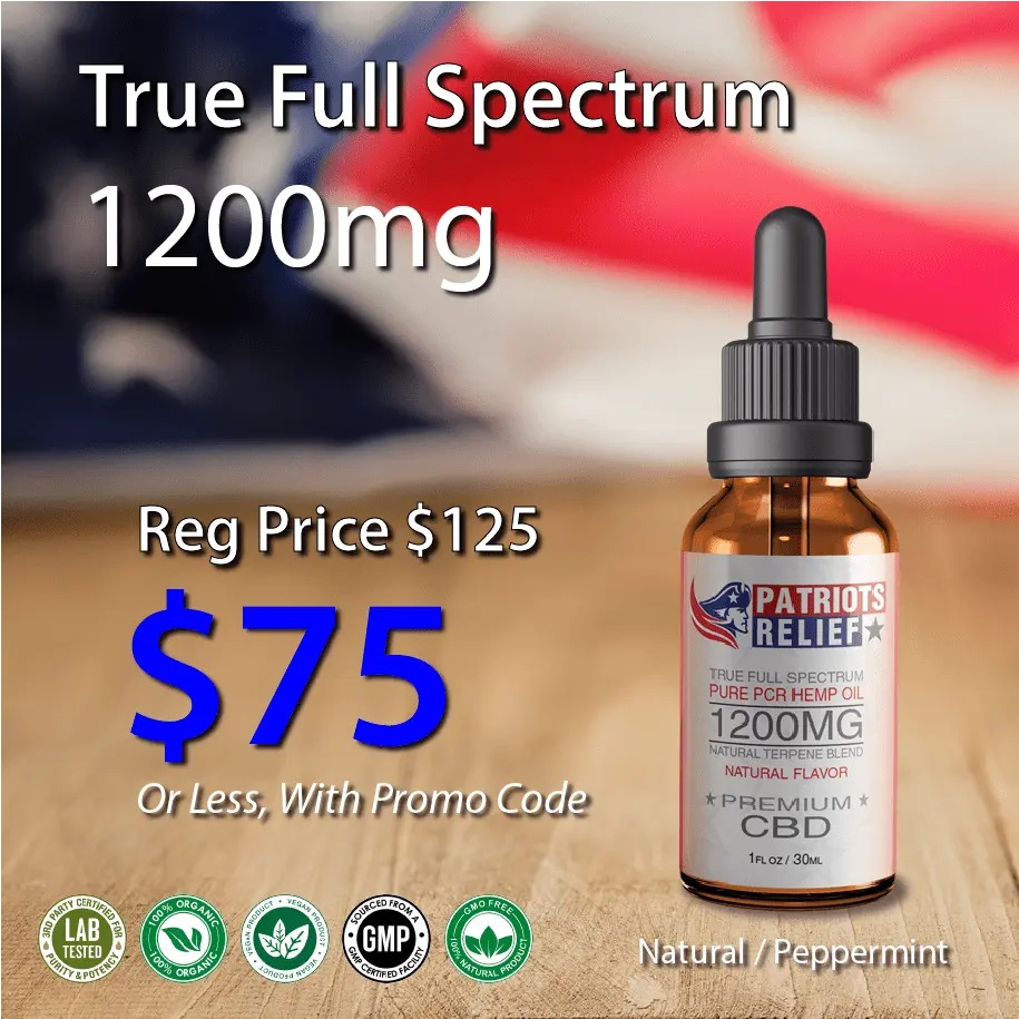 1200mg True Full Spectrum CBD tincture bottle from Patriots Relief