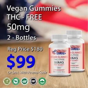 Patriots Relief Vegan Gummies 50mg THC-Free 2-Pack — two bottles of 50mg THC-free vegan CBD gummies, 30 count each