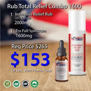 Patriots Relief Rub Total Relief Combo 1600 — Intensive Relief Rub 2000mg jar and 1600mg True Full Spectrum CBD tincture bottle