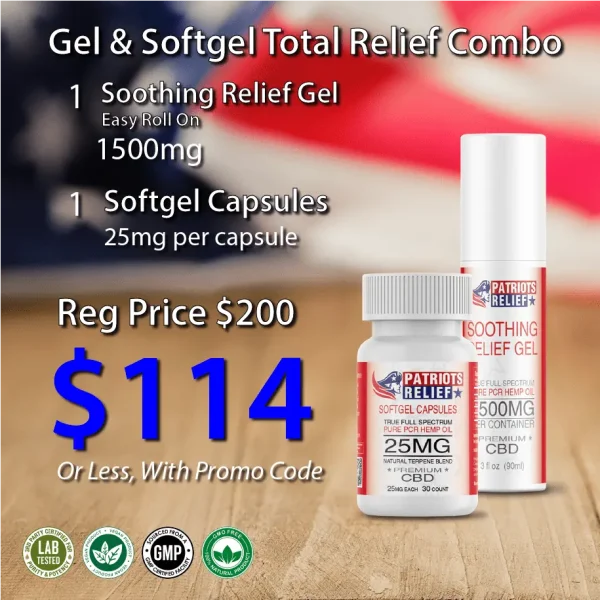 Patriots Relief Gel & Softgel Total Relief Combo — Soothing Relief Gel 1500mg roll-on and 25mg full spectrum CBD softgel capsules bottle