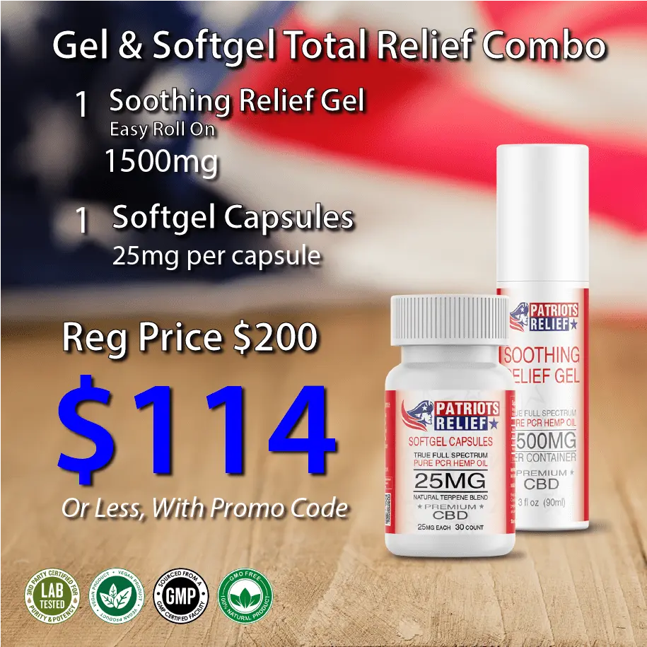 Patriots Relief Gel & Softgel Total Relief Combo — Soothing Relief Gel 1500mg roll-on and 25mg full spectrum CBD softgel capsules bottle