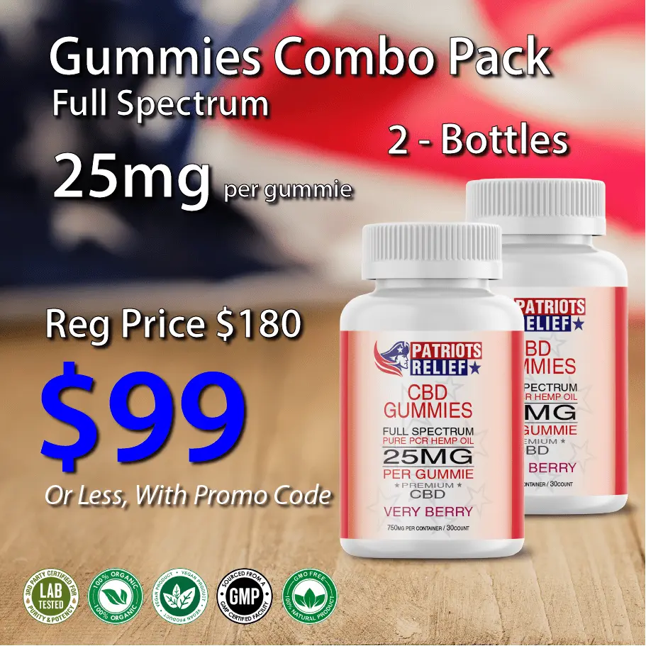 Patriots Relief Gummies Combo 2 Pack — two bottles of 25mg true full spectrum CBD gummies, 30 count each
