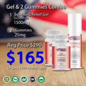 Patriots Relief Gel & 2 Gummies Combo — Soothing Relief Gel 1500mg roll-on and two bottles of 25mg full spectrum CBD gummies