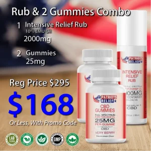 Patriots Relief Rub & 2 Gummies Combo — Intensive Relief Rub 2000mg jar and two bottles of 25mg full spectrum CBD gummies