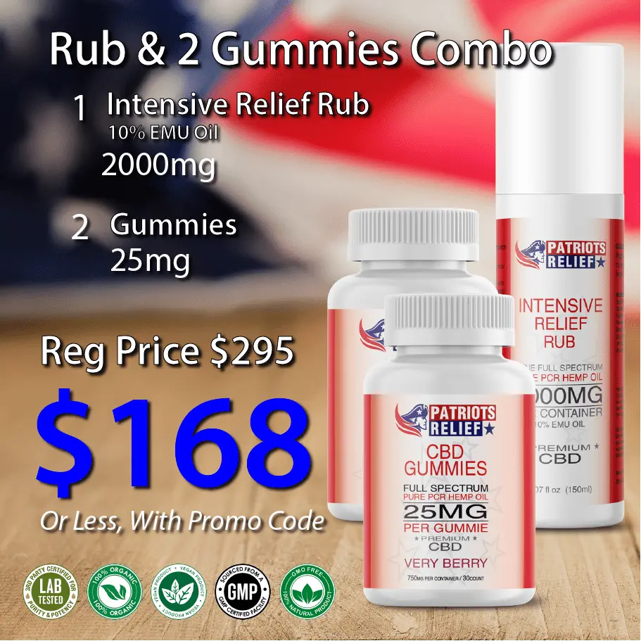 Patriots Relief Rub & 2 Gummies Combo — Intensive Relief Rub 2000mg jar and two bottles of 25mg full spectrum CBD gummies