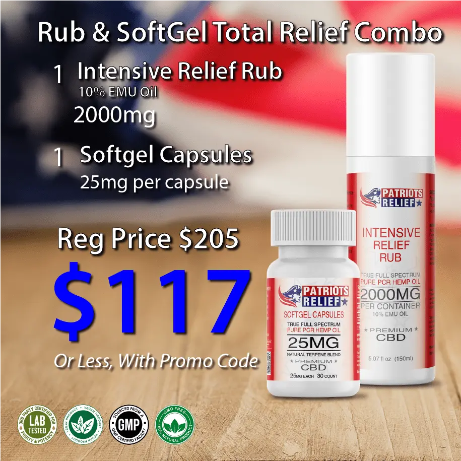 Patriots Relief Rub & SoftGel Total Relief Combo — Intensive Relief Rub 2000mg jar and 25mg full spectrum CBD softgel capsules bottle