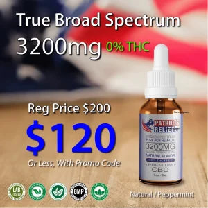Patriots Relief 3200mg True Broad Spectrum CBD tincture — 0% THC, 30ml bottle with dropper