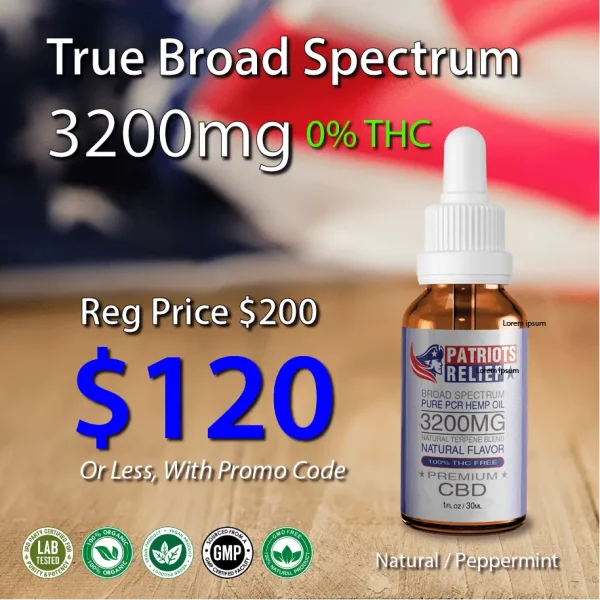 Patriots Relief 3200mg True Broad Spectrum CBD tincture — 0% THC, 30ml bottle with dropper