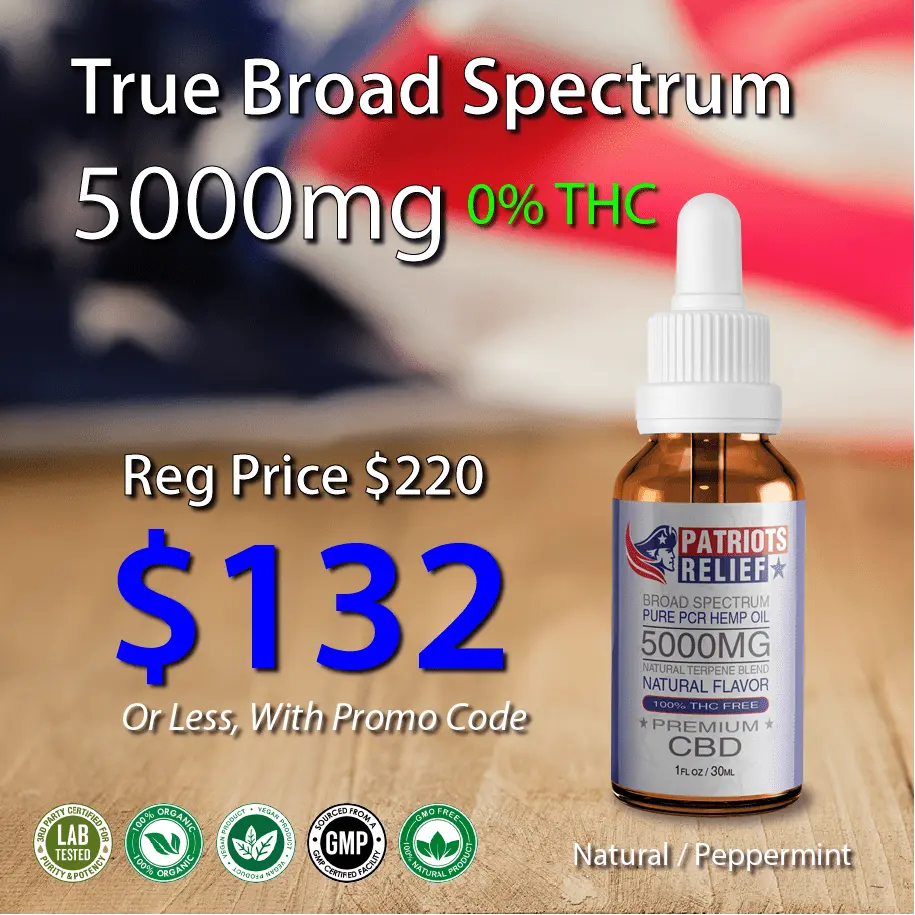 Patriots Relief 5000mg True Broad Spectrum CBD tincture — 0% THC, 30ml bottle with dropper