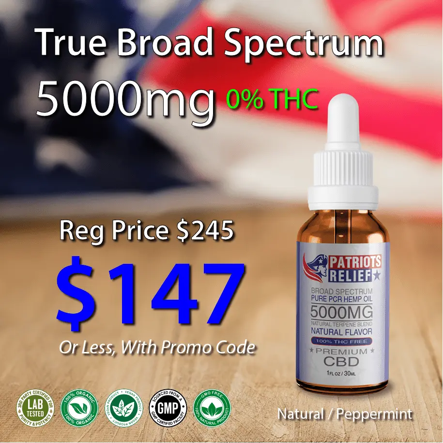 Patriots Relief 5000mg True Broad Spectrum CBD tincture — 0% THC, 30ml bottle with dropper