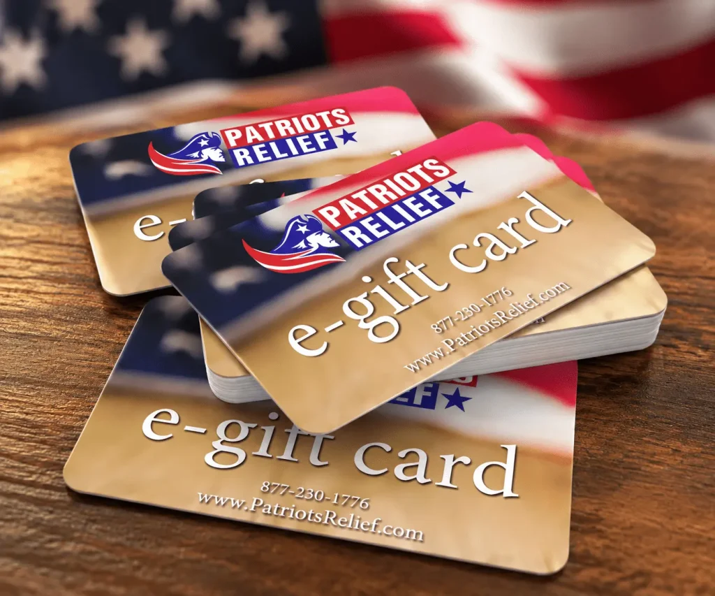 Patriots Relief e-gift cards — patriotic gift cards fanned out with American flag design
