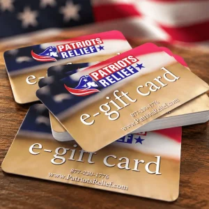 Patriots Relief e-gift cards — patriotic gift cards fanned out with American flag design