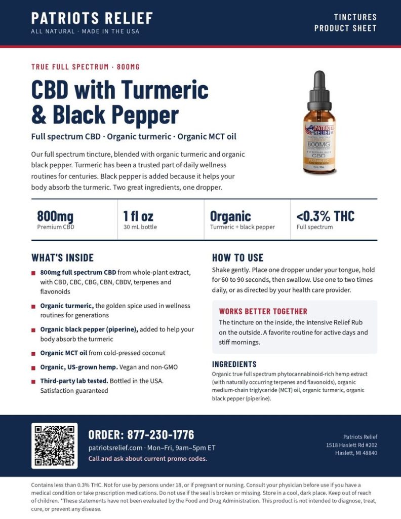 800mg – Full Spectrum CBD with Turmeric & Black Pepper Blend product sheet