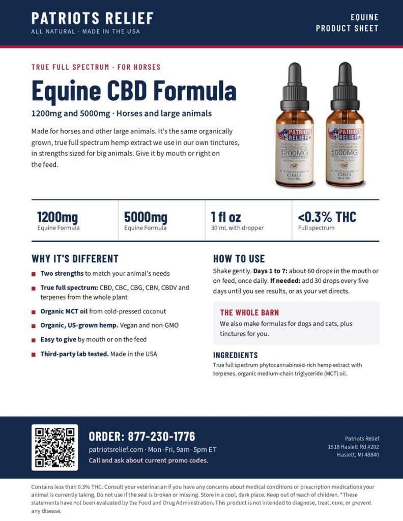 Premium, All Natural, Organic Equine Formula 1200mg CBD product sheet